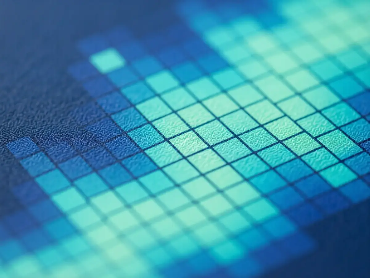 Illustration : détail macro d'une matrice imprimée sur papier mat, cases bleues et vert d'eau, sans chiffres lisibles